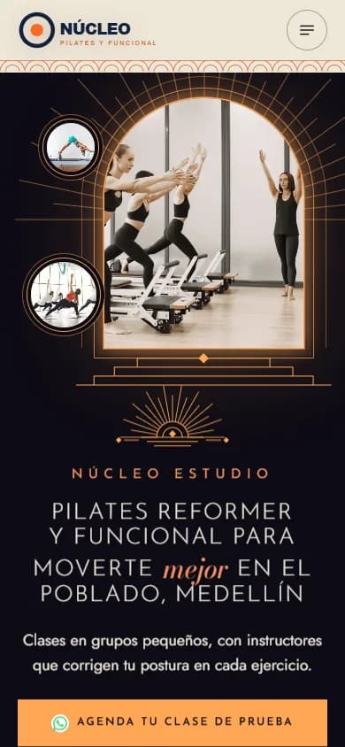 Portada en celular de una web de ejemplo para Fitness, yoga y pilates, diseño «Fuego funcional»