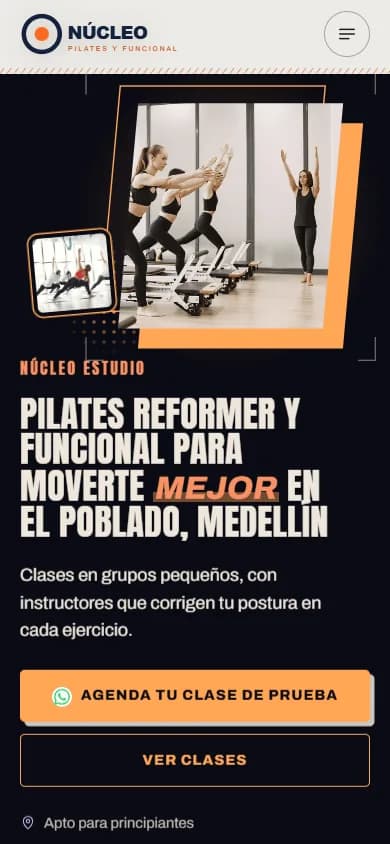 Portada en celular de una web de ejemplo para Fitness, yoga y pilates, diseño «Cartel urbano»